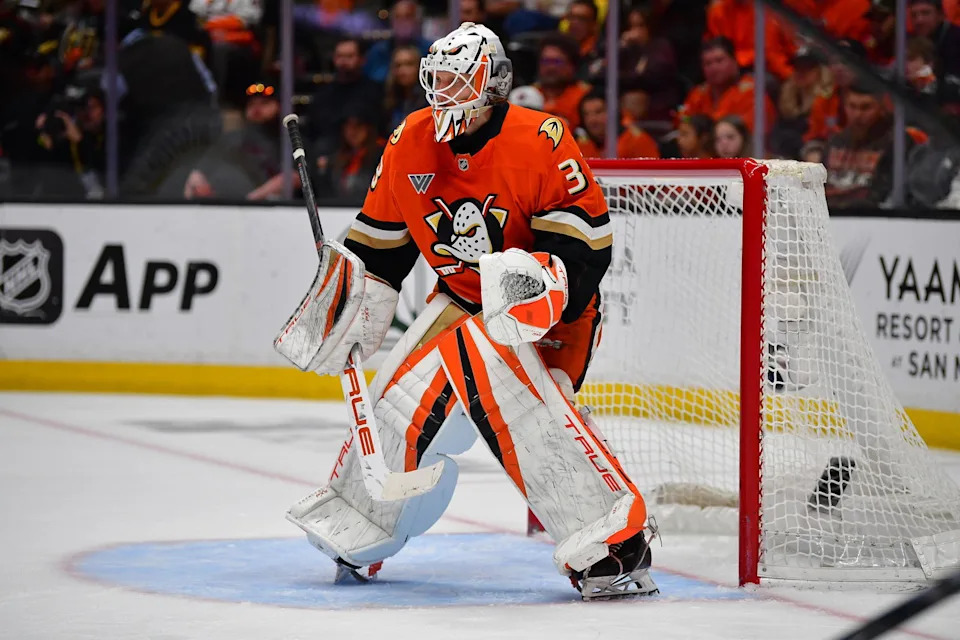 May 8, 2026; Anaheim, California, USA; Anaheim Ducks goaltender Ville Husso (33) defends the goal against the Vegas Golden Knights during the third period in game three of the second round of the 2026 Stanley Cup Playoffs at Honda Center. Mandatory Credit: Gary A. Vasquez-Imagn Images