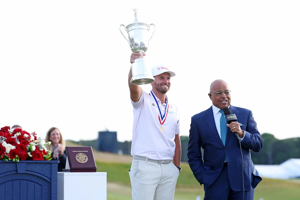 Wyndham Clark celebrates after winning the 2026 U.S. Open at Shinnecock Hills Golf Club.
