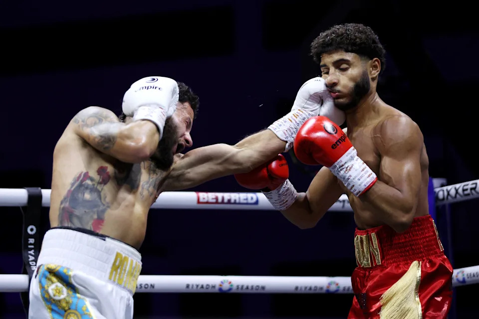 CARDIFF, WALES - APRIL 04: Jake Pollard punches Yuvraj Karia during the Super Featherweight fight between Yuvraj Karia and Jake Pollard at Utilita Arena Cardiff on April 04, 2026 in Cardiff, Wales. (Photo by Ryan Hiscott/Getty Images)