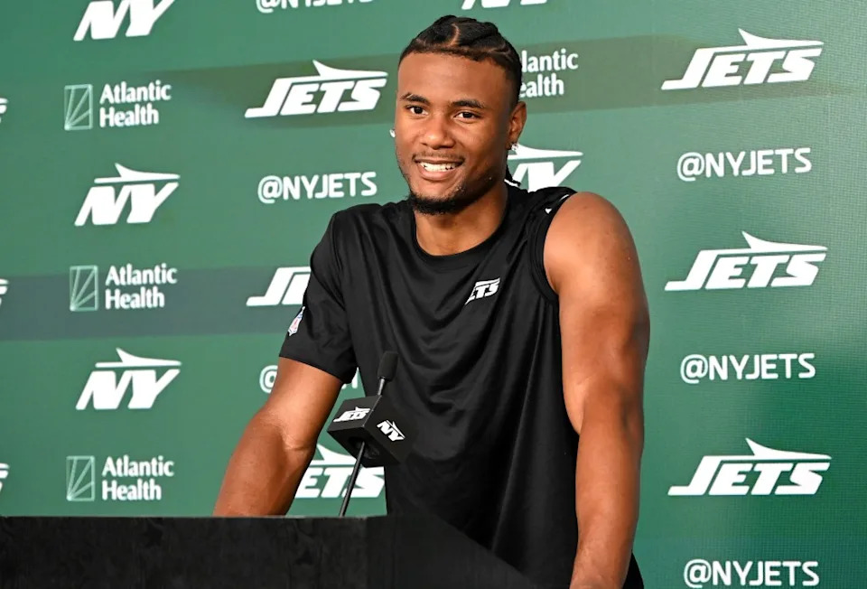 Receiver Adonai Mitchell talks to reporters after the Jets’ OTA practice on June 2, 2026. Bill Kostroun / New York Post