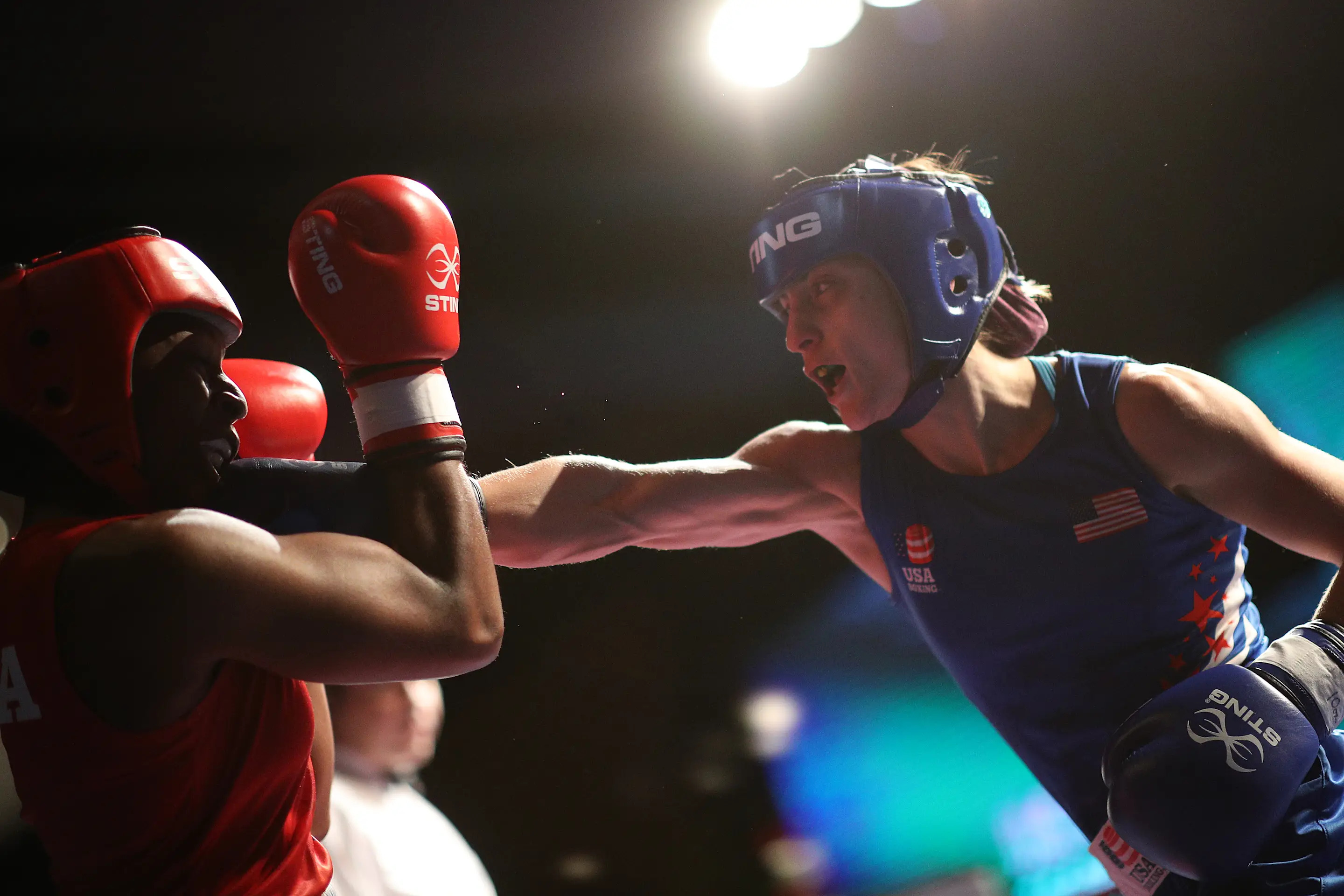 LAKE CHARLES, LOUISIANA - DECEMBER 15: Rashida Ellis fights Ame Moore during the 2020 U.S. Olympic Boxing Team Trials at Golden Nugget Lake Charles Hotel & Casino on December 15, 2019 in Lake Charles, Louisiana. (Photo by Chris Graythen/Getty Images)