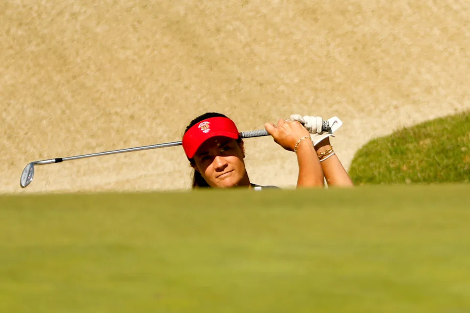 Kiara Romero (USA) watches her shot on the seventh hole during a practice round ahead of the 2026 Curtis Cup at Bel-Air Country Club in Los Angeles, Calif. on Thursday, June 11, 2026. (Chris Keane/USGA)