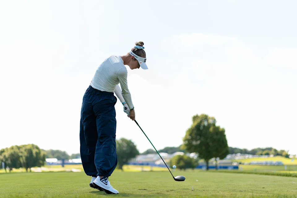Nelly Korda hits a tee shot on the first hole during a practice round prior to the 2026 KPMG Women's PGA Championship at Hazeltine National Golf Club.