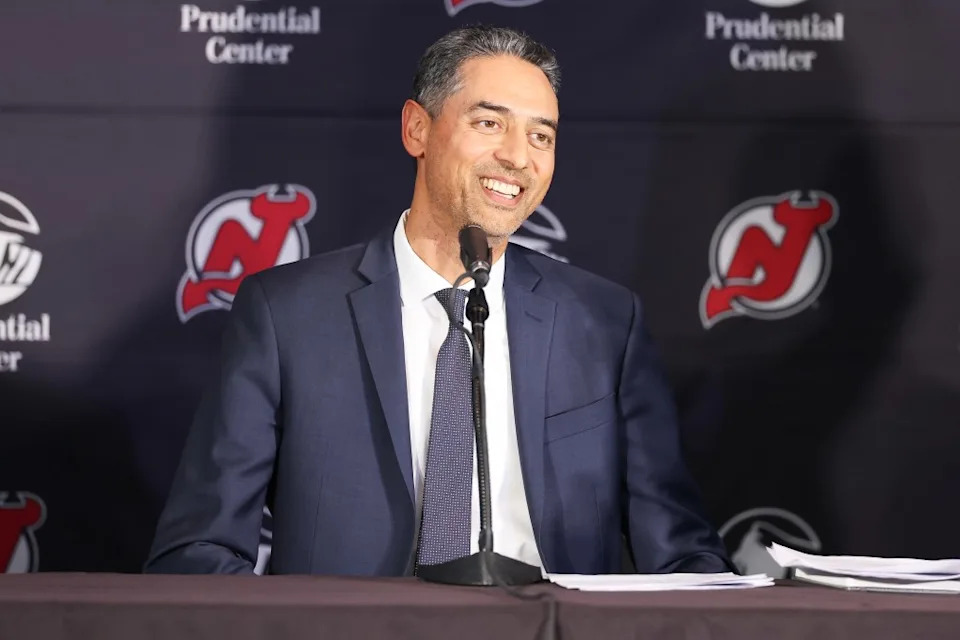 Devils General Manager Sunny Mehta speaks at a press conference at Prudential Center on April 21,2026. Icon Sportswire via Getty Images