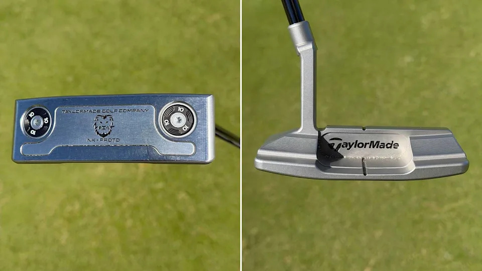 Side-by-side images of a silver TaylorMade golf putter—a standout among golf clubs—show its adjustable weights and engraved markings on the back, while the front highlights the logo and grooved face. The putter rests on green grass.