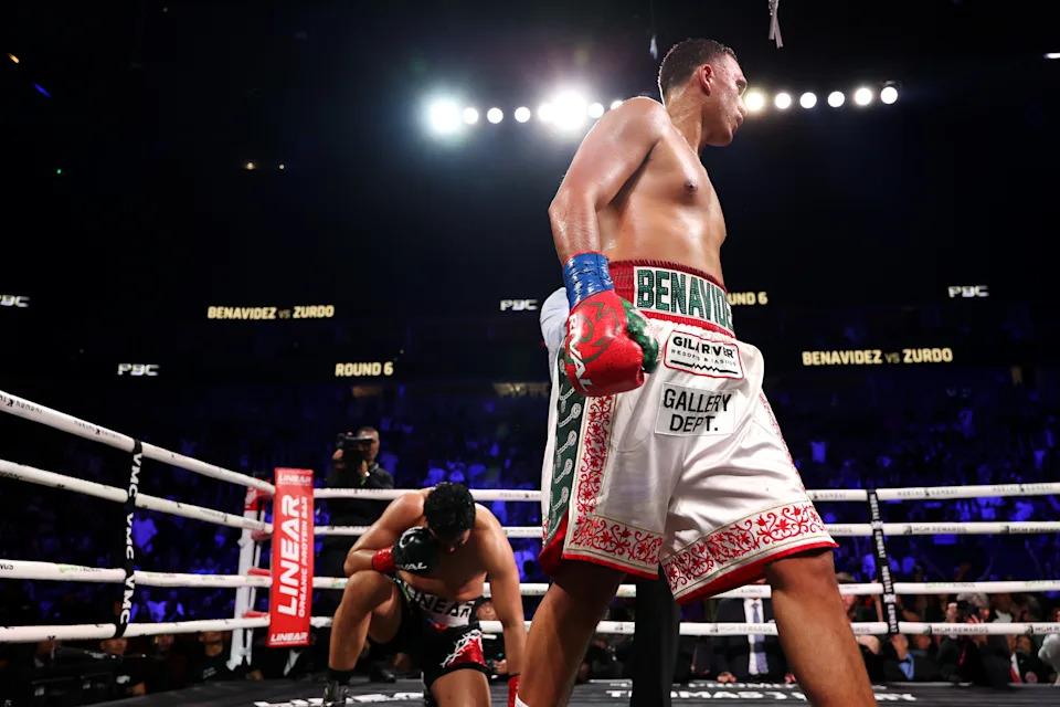 LAS VEGAS, NEVADA - MAY 02: David Benavidez knocks down Gilberto 'Zurdo' Ramirez during their WBA & WBO Cruiserweight World Championship bout at T-Mobile Arena on May 02, 2026 in Las Vegas, Nevada. (Photo by Cris Esqueda/Golden Boy/Getty Images)