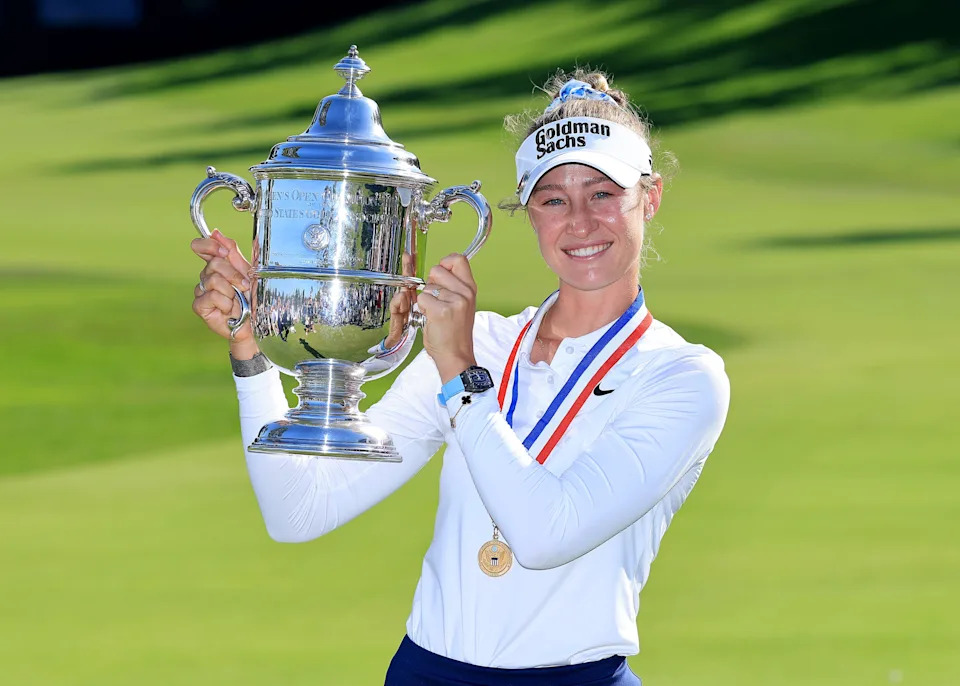 Nelly Korda of The United States holds the U.S.Open trophy after her one shot victory during the final round of the U.S. Women's Open presented by Ally 2026 at Riviera Country Club on June 07, 2026 in Pacific Palisades, California.