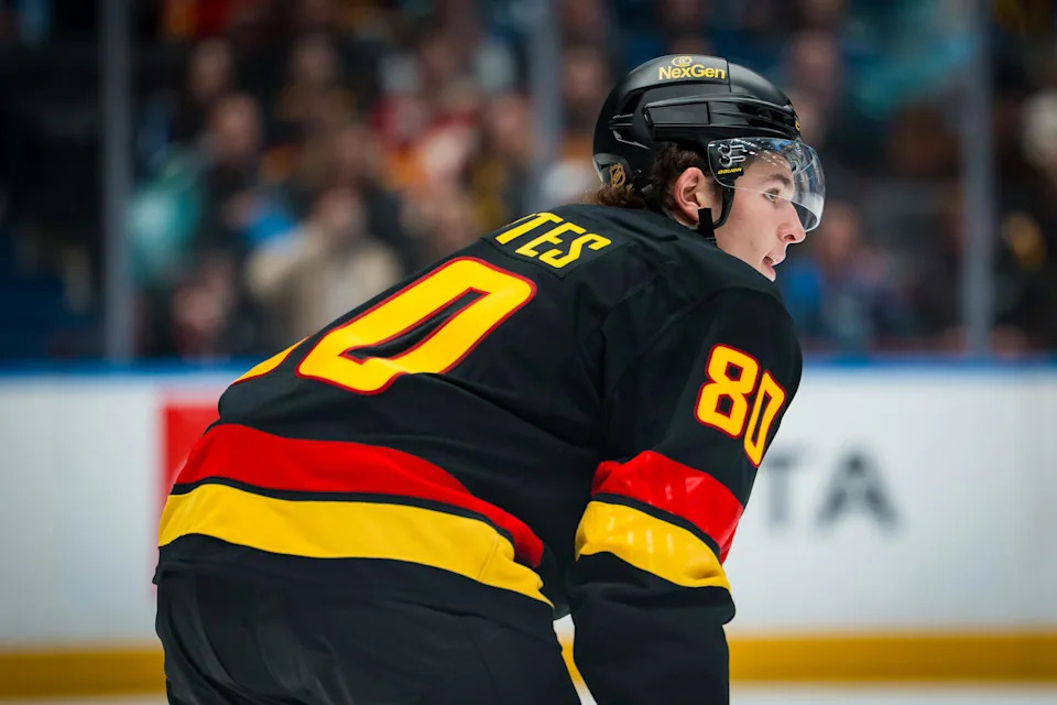 Oct 9, 2025; Vancouver, British Columbia, CAN; Vancouver Canucks forward Braeden Cootes (80) during a stop in play against the Calgary Flames in the third period at Rogers Arena. Mandatory Credit: Bob Frid-Imagn Images