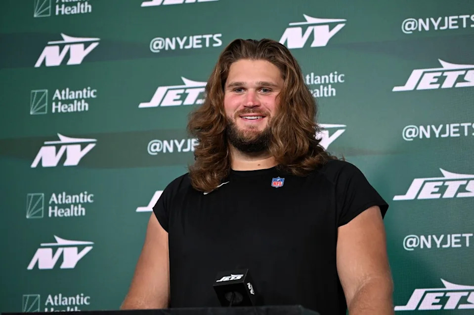 The Jets’ Joe Tippmann speaks to the media on June 16. Bill Kostroun/New York Post
