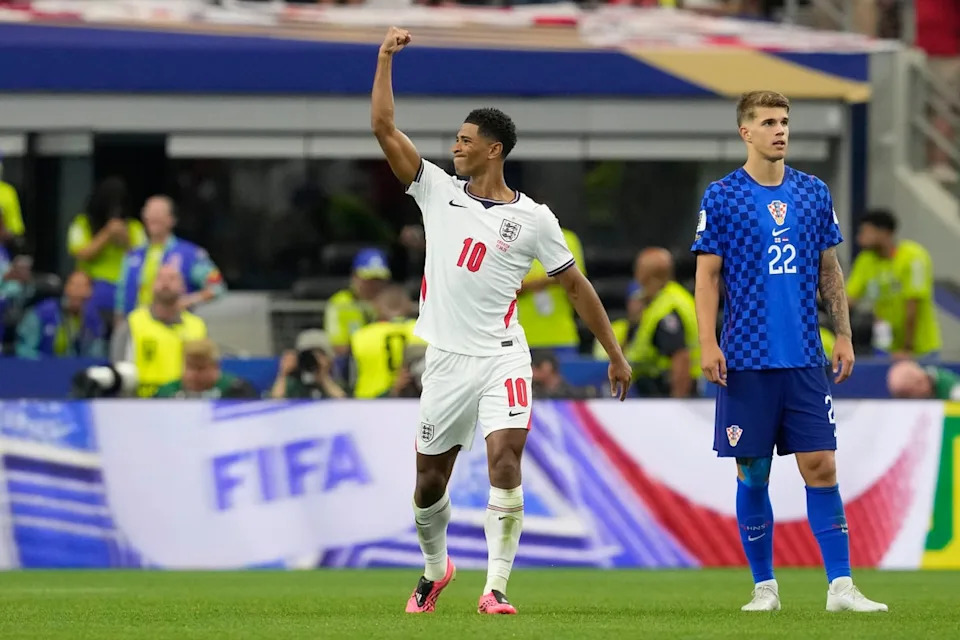 England's Jude Bellingham (10) celebrates his team's third goal (AP)