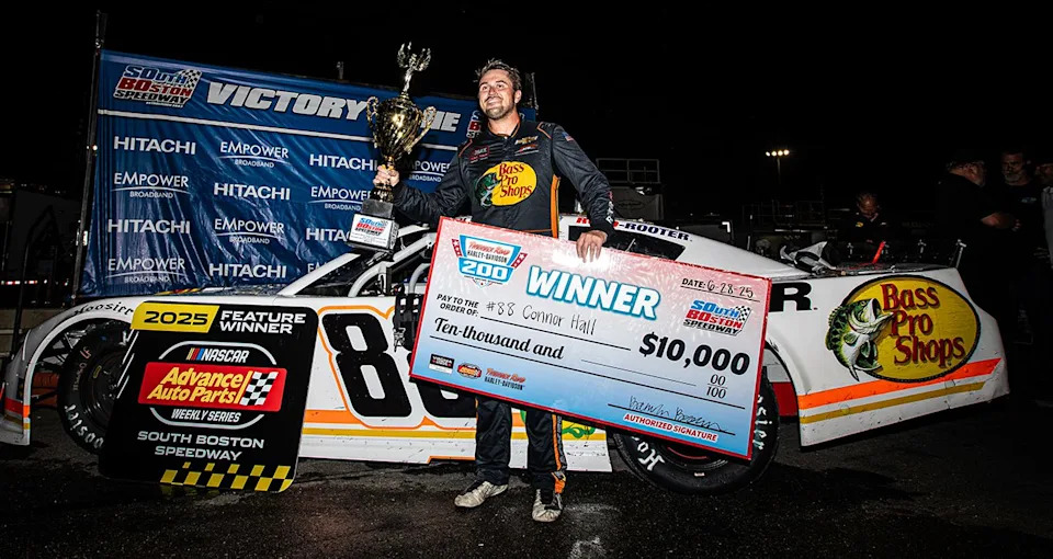 Connor Hall, driver of the No. 88 Late Model Stock Car, celebrates in victory lane, after winning the Thunder Road Harley-Davidson 200 for the 2025 Virginia Triple Crown at South Boston Speedway in South Boston, Virginia on June 28, 2025. (Ted Malinowski/NASCAR)