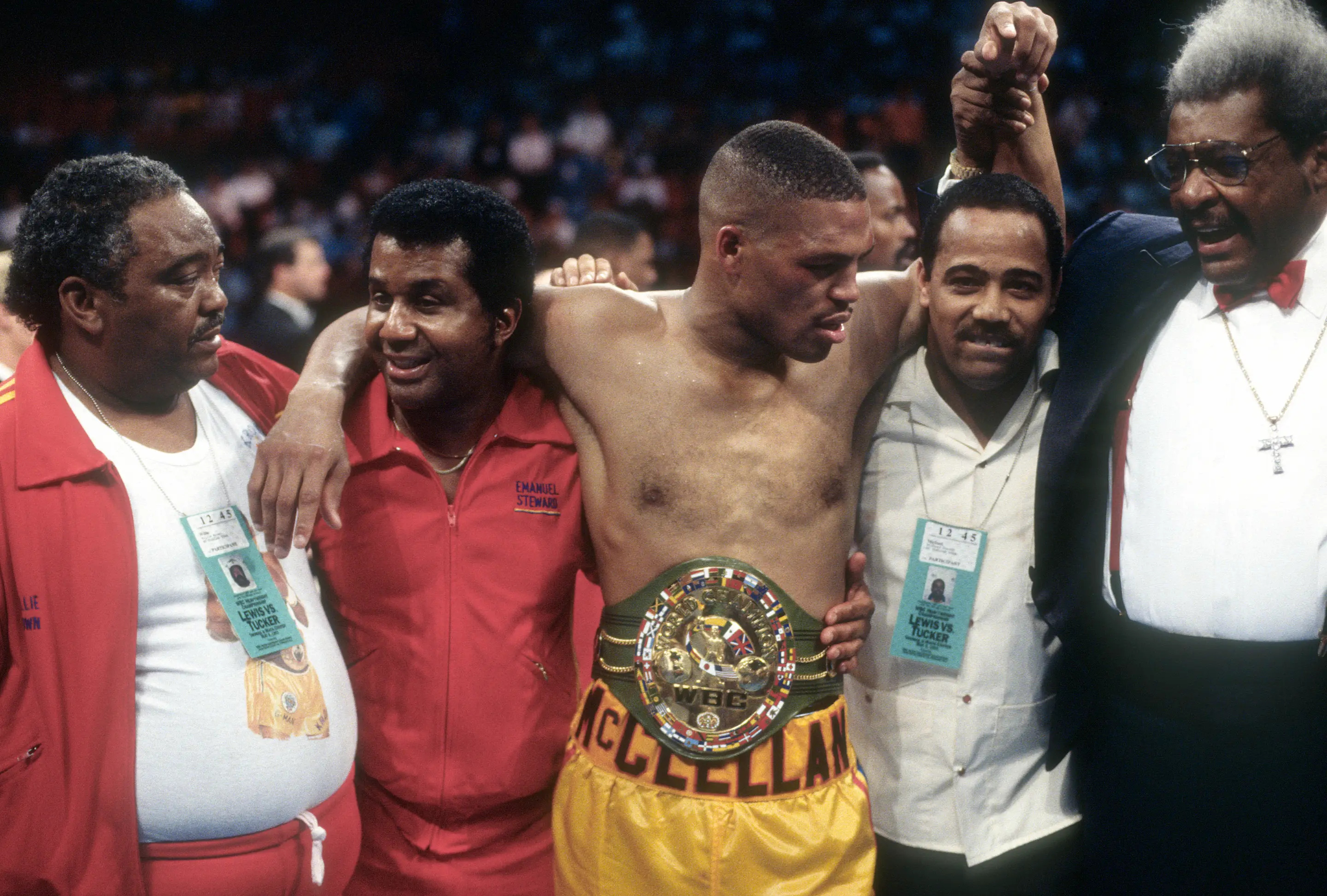 LAS VEGAS, NV - MAY 8: Gerald McClellan celebrates after defeating Julian Jackson for the WBC Middleweight tittle on May 8, 1993 at the Thomas & Mack Center in Las Vegas, Nevada. McClellan won the fight with a 5th round TKO. (Photo by Focus on Sport/Getty Images)