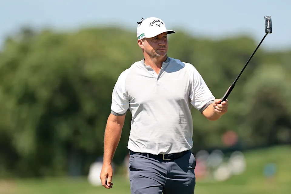 Alex Noren of Sweden reacts to his putt on the 16th green during the third round of the 3M Open 2025 at TPC Twin Cities on July 26, 2025 in Blaine, Minnesota.