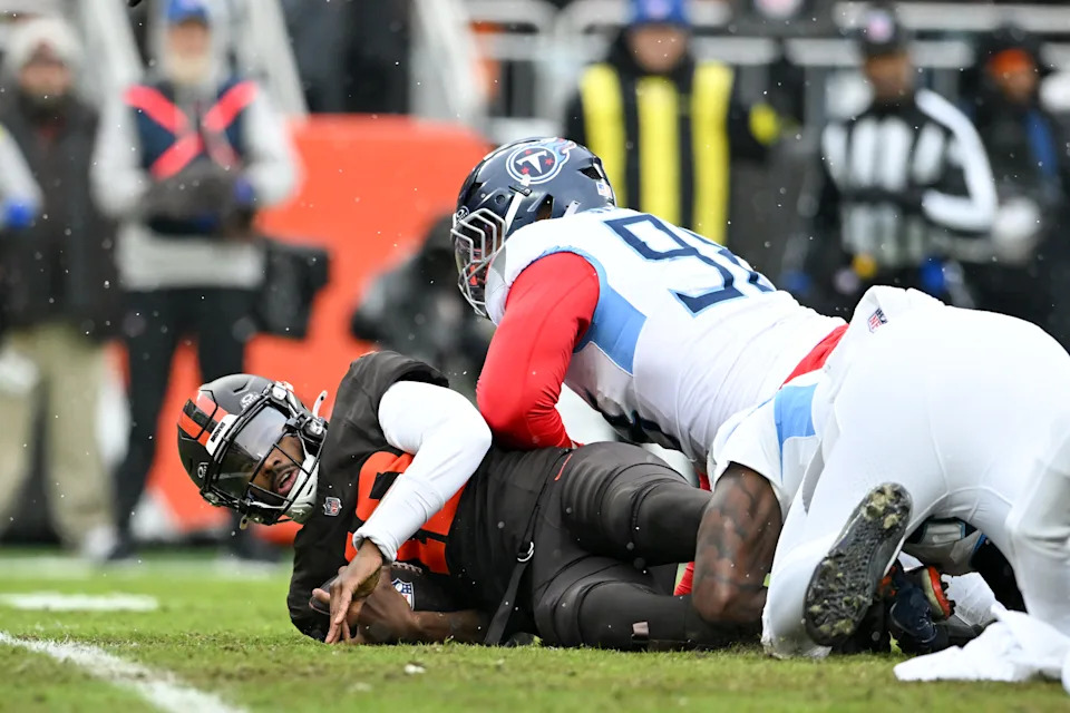 Shedeur Sanders of the Cleveland Browns is sacked in a game against the Titans last season. (Photo by Nick Cammett/Diamond Images via Getty Images)