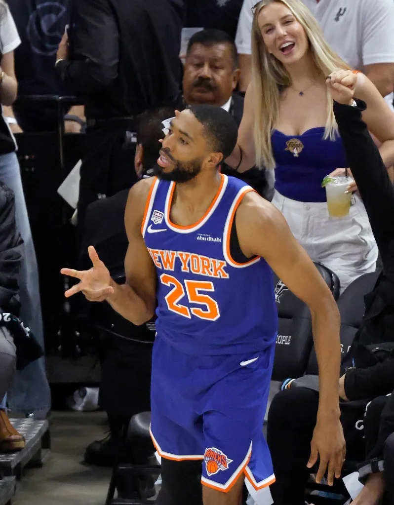 New York Knicks guard Mikal Bridges reacts after hitting a three-point shot in the first half at Frost Bank Center. Jason Szenes for The New York Post
