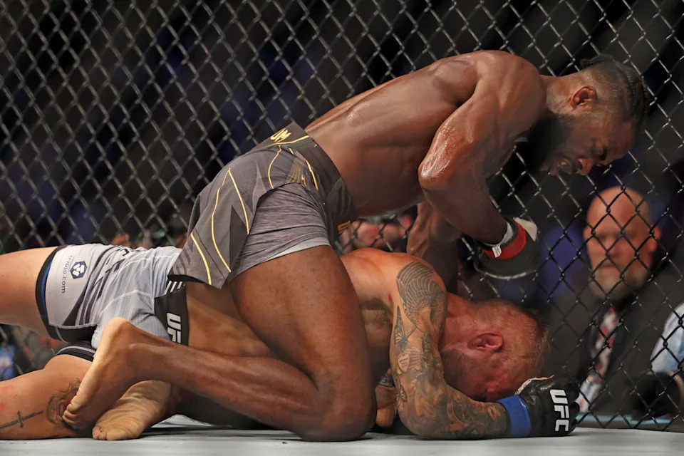 Aljamain Sterling (L) competes against TJ Dillashaw in the bantamweight championship at the Ultimate Fighting Championship (UFC) event at the Etihad Arena in Abu Dhabi on October 22, 2022. (Photo by Giuseppe CACACE / AFP via Getty Images)