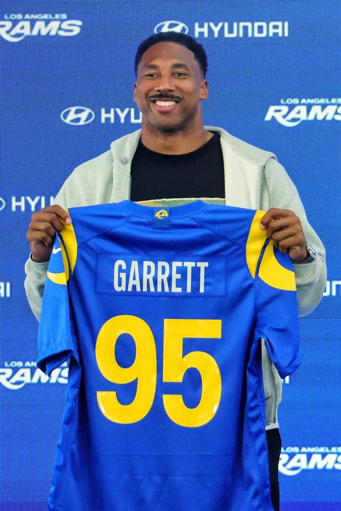 Myles Garrett of the Rams poses with his jersey June 2. Getty Images