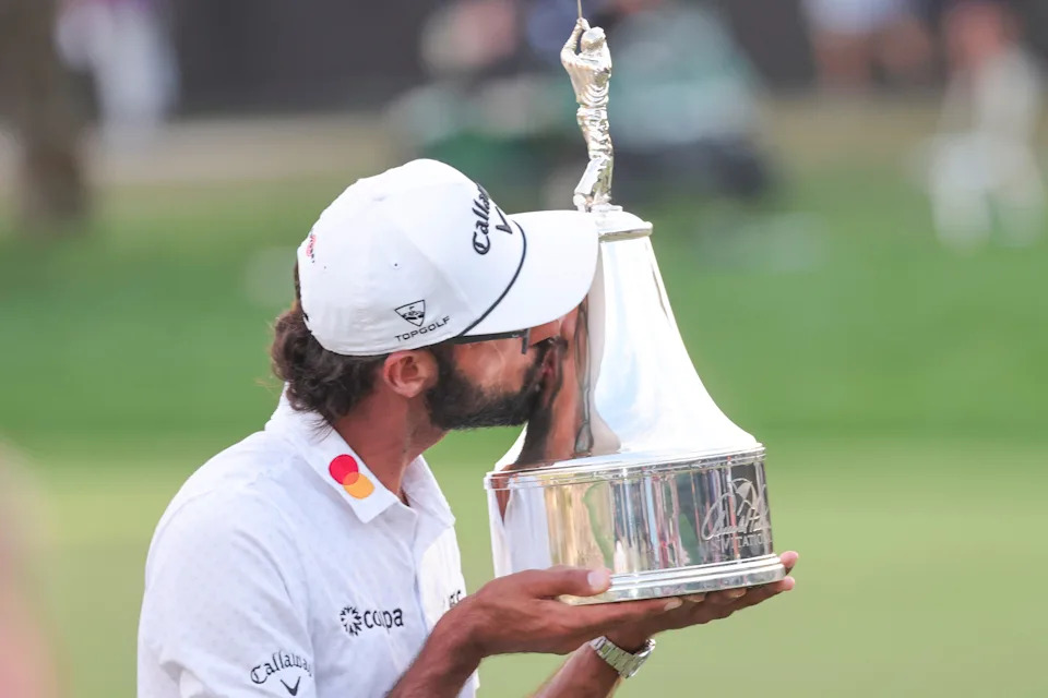 Akshay Bhatia celebrates his win on the 18th green after a playoff victory in the Arnold Palmer Invitational golf tournament.
