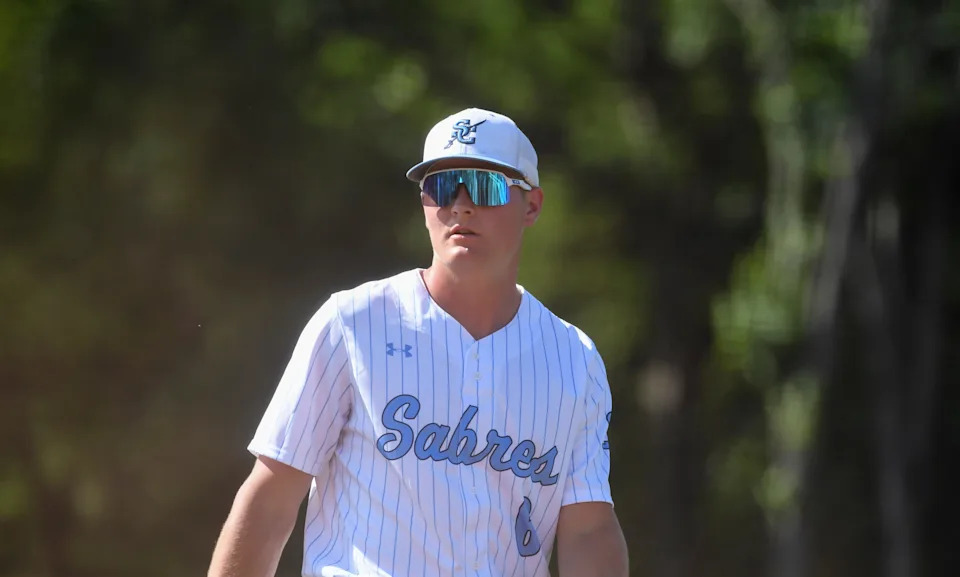 Southside Christian Sabres Carson Bolemon (6) looks down field Wednesday, May 20, 2026 during the SCHSL Upper State 3A baseball championship game against the Chapman Panthers at Southside Christian High School in Simpsonville, South Carolina.