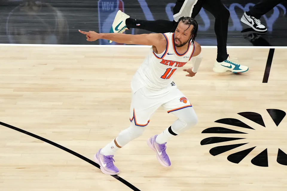 New York Knicks guard Jalen Brunson reacts in the second half of Game 1 of the 2026 NBA Finals at Frost Bank Center.