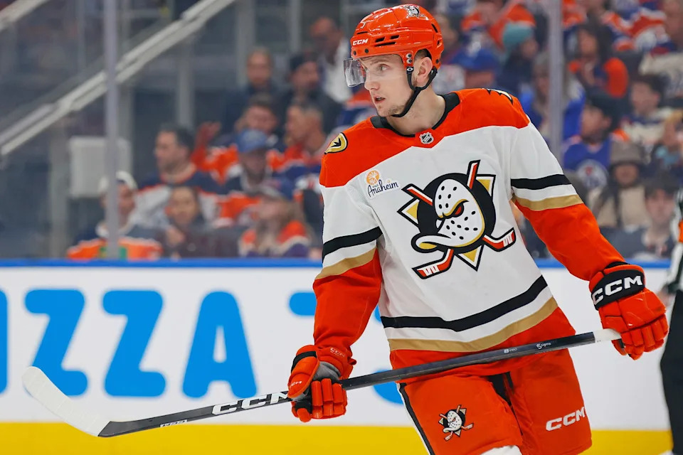 Apr 28, 2026; Edmonton, Alberta, CAN; Anaheim Ducks defensemen Ian Moore (3) waits for the play to begin against the Edmonton Oilers in game five of the first round of the 2026 Stanley Cup Playoffs at Rogers Place. Mandatory Credit: Perry Nelson-Imagn Images