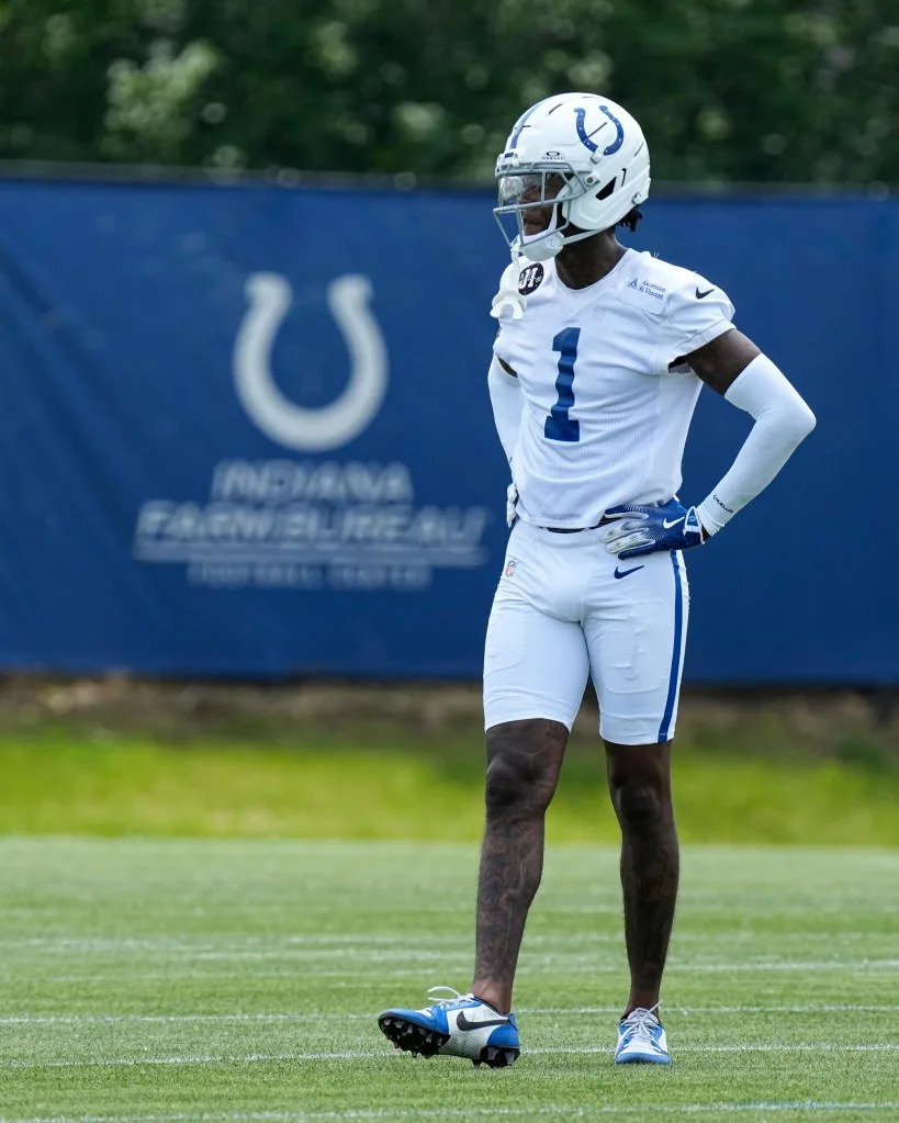 Indianapolis Colts cornerback Sauce Gardner (1) watches during the NFL football team’s practice in Indianapolis, Tuesday, June 9, 2026. AP Photo/Michael Conroy