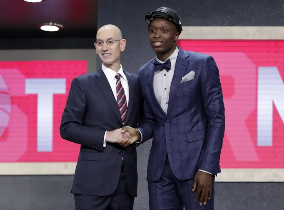 OG Anunoby shakes hands with NBA commissioner Adam Silver after being selected by the Raptors with the No. 23 pick in the 2017 NBA Draft. Jason Szenes for New York Post