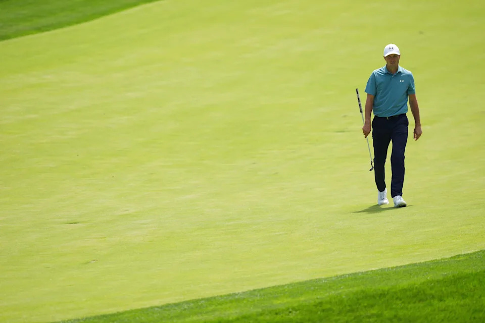 Jordan Spieth walks on the 17th hole during the second round of the 2026 Memorial Tournament at Muirfield Village Golf Club.