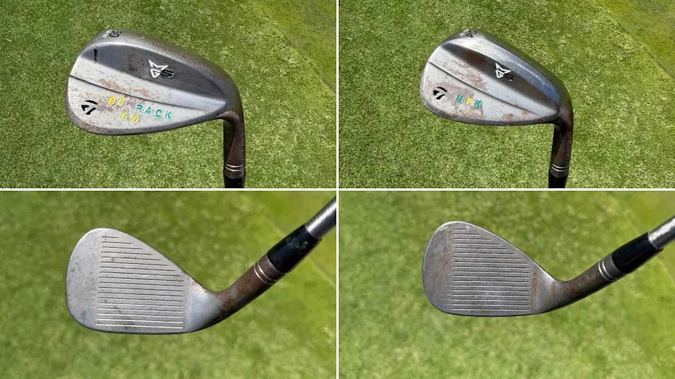 Two TaylorMade golf clubs are shown from multiple angles on grass, with visible grooves and wear. One is labeled 60 RAW FACE in yellow and blue, the other 54 RAW FACE—perfect for golfers aiming to compete like Nelly Korda at the U.S. Women's Open.