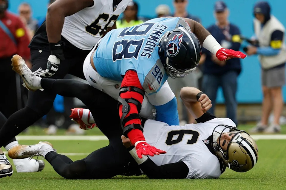 <a class="link " href="https://sports.yahoo.com/nfl/teams/tennessee/" data-i13n="sec:content-canvas;subsec:anchor_text;elm:context_link" data-ylk="slk:Tennessee Titans;sec:content-canvas;subsec:anchor_text;elm:context_link;itc:0" data-yga="{"yLinkElement":"context_link","yModuleName":"content-canvas","yLinkText":"Tennessee Titans","ySubModuleName":"anchor_text","yHasCommerce":false}">Tennessee Titans</a> defensive tackle Jeffery Simmons (98) sacks <a class="link " href="https://sports.yahoo.com/nfl/teams/new-orleans/" data-i13n="sec:content-canvas;subsec:anchor_text;elm:context_link" data-ylk="slk:New Orleans Saints;sec:content-canvas;subsec:anchor_text;elm:context_link;itc:0" data-yga="{"yLinkElement":"context_link","yModuleName":"content-canvas","yLinkText":"New Orleans Saints","ySubModuleName":"anchor_text","yHasCommerce":false}">New Orleans Saints</a> quarterback <a class="link " href="https://sports.yahoo.com/nfl/players/41825/" data-i13n="sec:content-canvas;subsec:anchor_text;elm:context_link" data-ylk="slk:Tyler Shough;sec:content-canvas;subsec:anchor_text;elm:context_link;itc:0" data-yga="{"yLinkElement":"context_link","yModuleName":"content-canvas","yLinkText":"Tyler Shough","ySubModuleName":"anchor_text","yHasCommerce":false}">Tyler Shough</a> (6) during a game between the Tennessee Titans and New Orleans Saints, December 28, 2025, at Nissan Stadium in Nashville, Tennessee. Icon Sportswire via Getty Images