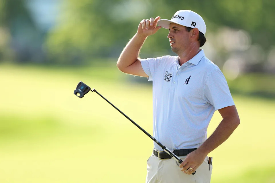 J.T. Poston reacts to his winning putt on the 18th green during the second playoff hole at the 2026 Memorial Tournament at Muirfield Village Golf Club.