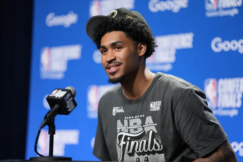 Dylan Harper #2 of the San Antonio Spurs talks to the media after the game against the Oklahoma City Thunder during Game Seven of the Western Conference Finals. NBAE via Getty Images