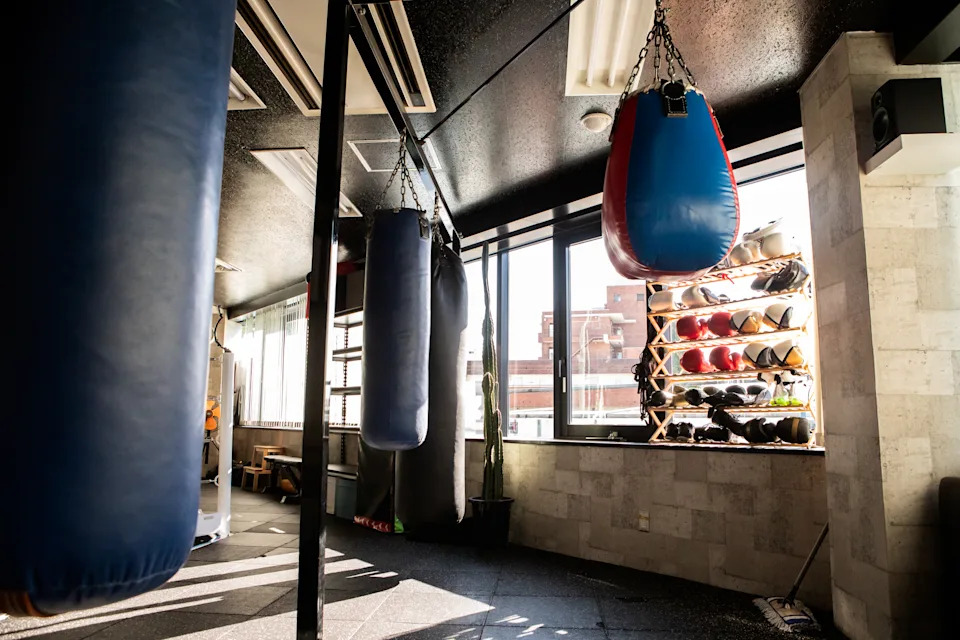 Gym with some punch bags hanging from the ceiling.