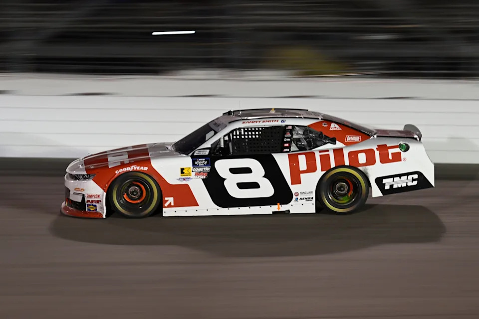 Sep 6, 2025; Madison, Illinois, USA; NASCAR Xfinity Series driver Sammy Smith (8) during the Nu Way 200 Sauced by Blues Hog at World Wide Technology Raceway. Mandatory Credit: Joe Puetz-Imagn Images