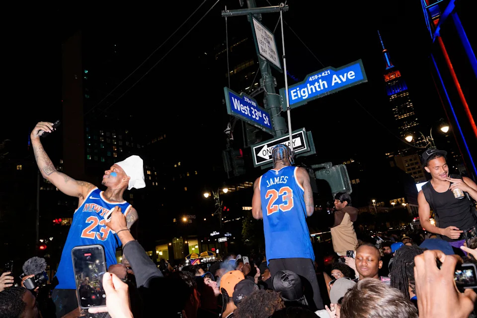 Fans celebrate after New York Knicks win Game 1 of the NBA Finals against San Antonio Spurs outside of Madison Square Garden on June 3, 2026 in New York City.
