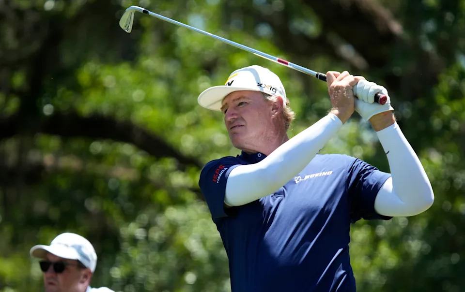 Ernie Els from South Africa, watches his tee shot on the 13th hole. The first round of the 2026 Senior PGA Championship was held Thursday, April 16, 2026 at The Concession Golf Club in Bradenton, Florida.