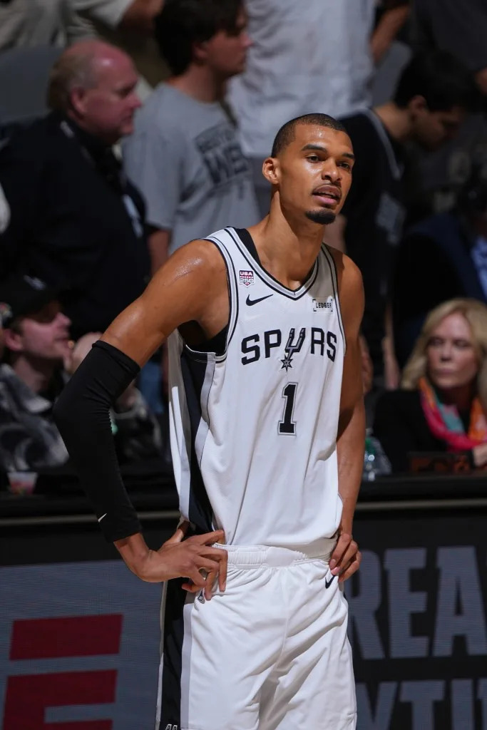 Victor Wembanyama looks on during the Spurs’ season-ending <br>Game 5 loss to the Knicks. NBAE via Getty Images