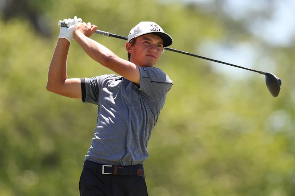 Miles Russell plays his tee shot on the 11th hole during the second round of the UNC Health Championship at Raleigh Country Club on May 29, 2026 Getty Images