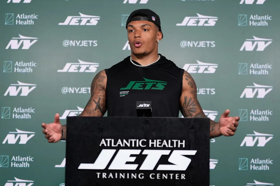 Braelon Allen talks to reporters after Jets practice in Florham Park, N.J. on June 10, 2026. AP Photo/Seth Wenig