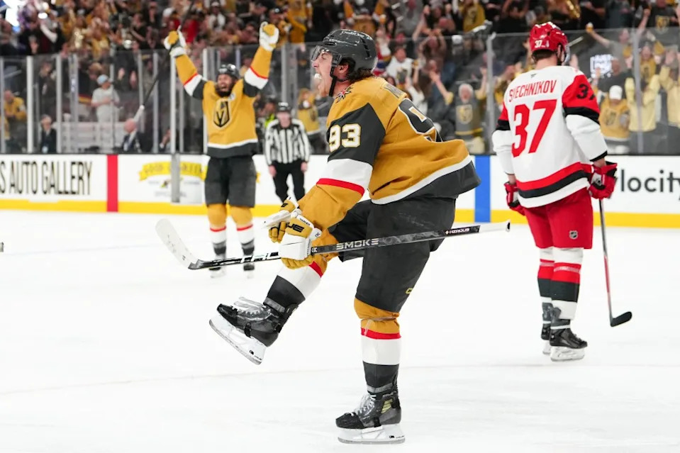 Mitch Marner celebrates Shea Theodore’s overtime goal June 6. Imagn Images