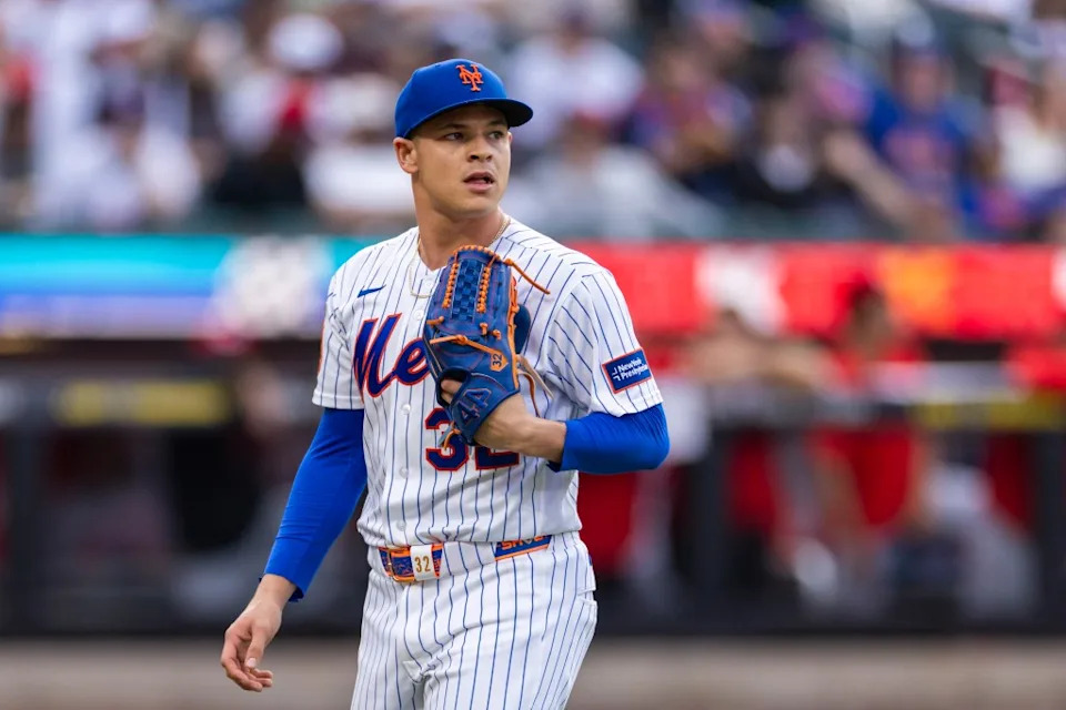 New York Mets pitcher Tobias Myers (32) reacts after ending the eighth inning against the Cincinnati Reds at Citi Field, Monday, May 25, 2026, in Queens, NY. Corey Sipkin for the NY POST