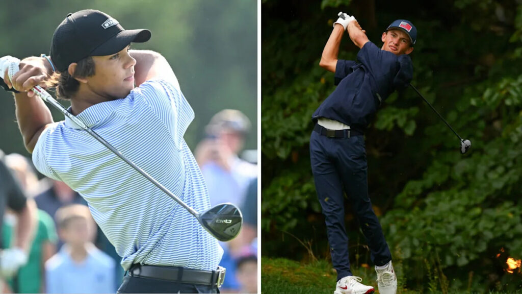 Miles Russell playing U.S. Open final qualifier with Charlie Woods as caddie Miles Russell playing U.S. Open final qualifier with Charlie Woods as caddie