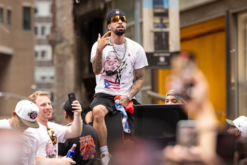 Jose Alvarado celebrates atop a parade float during the Knicks’ 2026 NBA Championship parade through Lower Manhattan on June 18, 2026. Noah Burton/ZUMA / SplashNews.com
