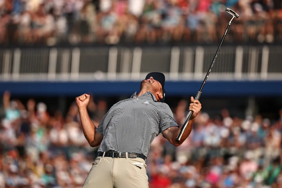 Bryson DeChambeau celebrates making a par on the 18th green to win during the final round of the 124th U.S. Open at Pinehurst Resort on June 16, 2024 in Pinehurst, North Carolina.