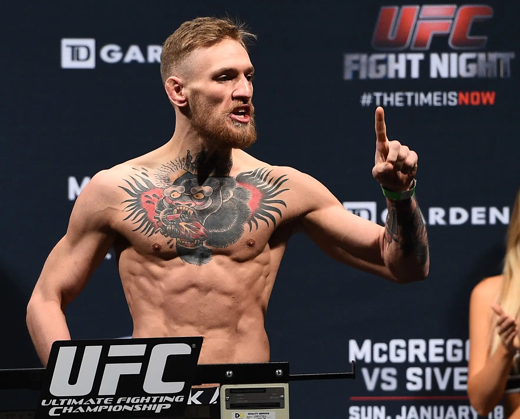 BOSTON, MA - JANUARY 17:  Conor 'The Notorious' McGregor of Ireland steps on the scale during the UFC Fight Night Boston weigh-in event at the Orpheum Theatre on January 17, 2015 in Boston, Massachusetts. (Photo by Jeff Bottari/Zuffa LLC/Zuffa LLC via Getty Images)