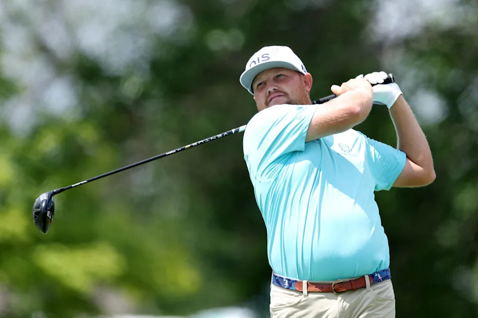 Zac Blair of the United States plays his shot from the tenth tee during the first round of the 3M Open 2025 at TPC Twin Cities on July 24, 2025 in Blaine, Minnesota.