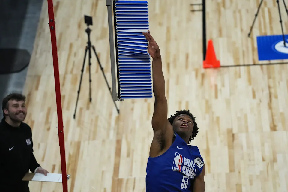Ebuka Okorie participates in the 2026 NBA Draft Combine at Wintrust Arena.