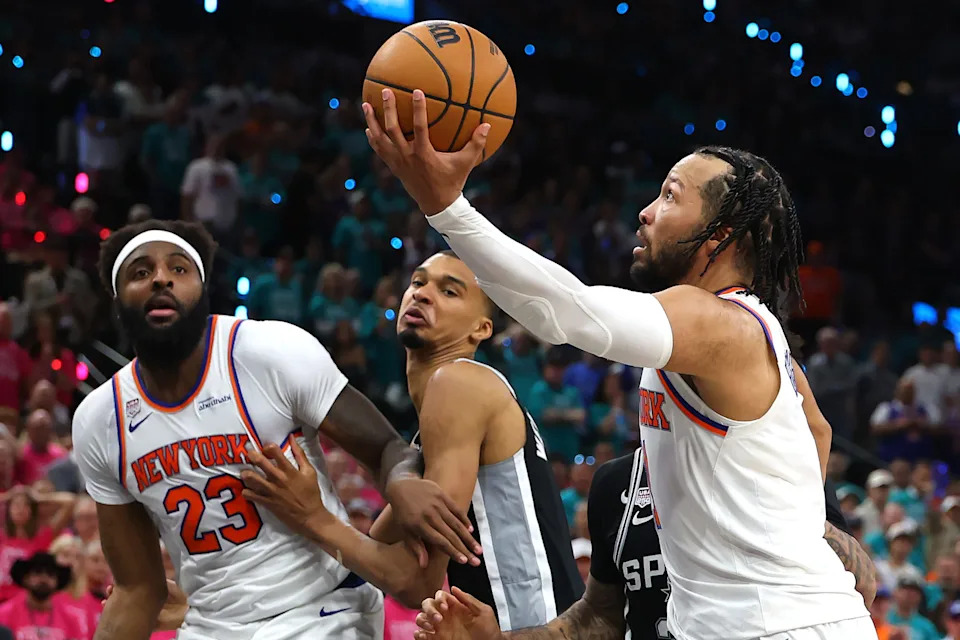 Jalen Brunson #11 of the New York Knicks shoots the ball during the fourth quarter against the San Antonio Spurs in Game One of the 2026 NBA Finals at Frost Bank Center on June 03, 2026 in San Antonio, Texas.