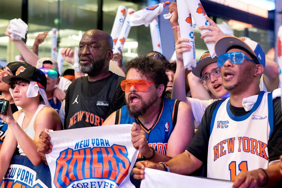 Knicks fans outside MSG at Game 2 watch party. Aristide Economopoulos for NY Post