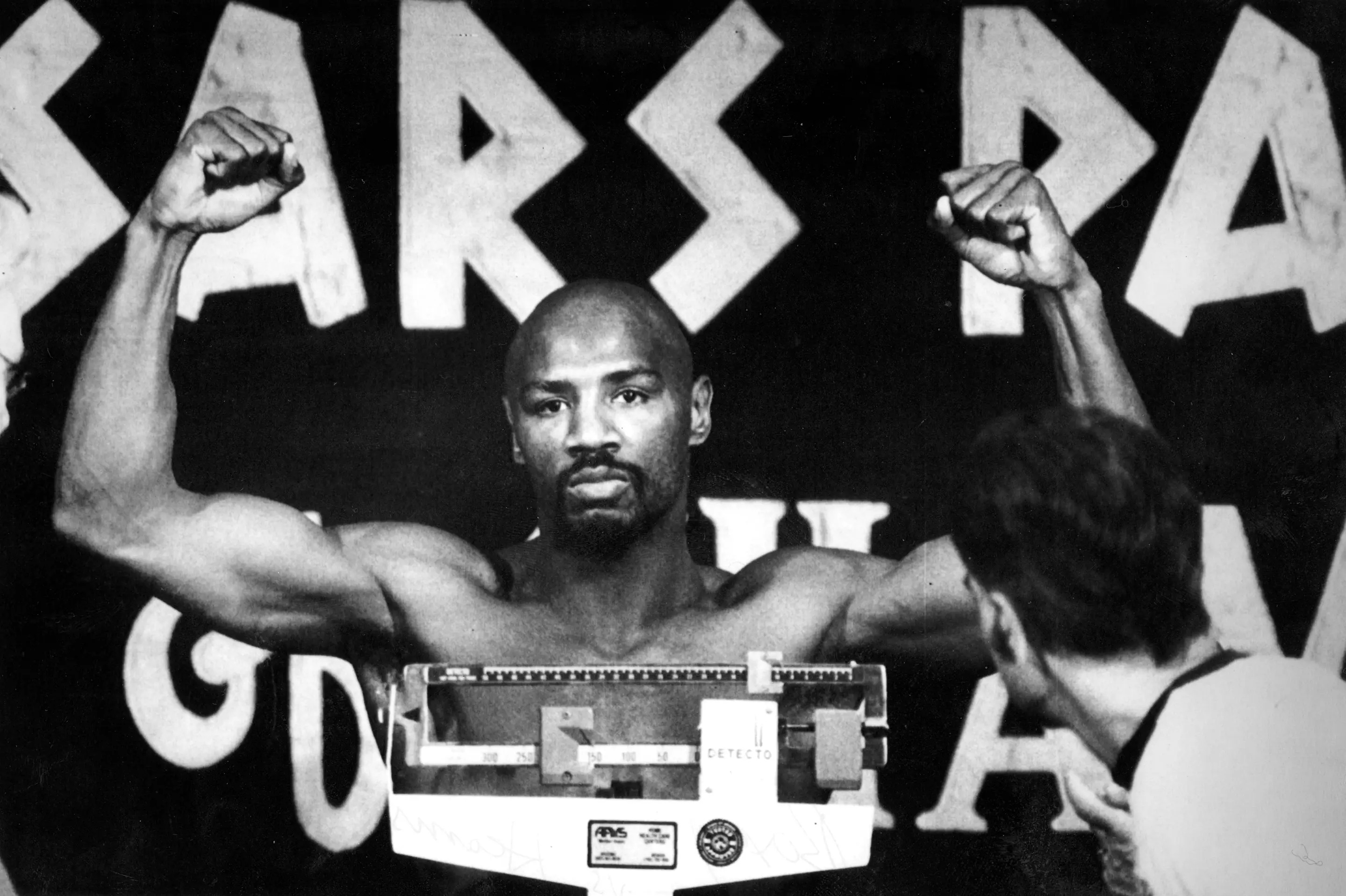 LAS VEGAS, NV - APRIL 15: Marvelous Marvin Hagler takes part in a pre-fight weigh-in before a boxing match against Thomas Hearns at Caesar's Palace in Las Vegas, NV on April 15, 1985.  (Photo by Jim Wilson/The Boston Globe via Getty Images)